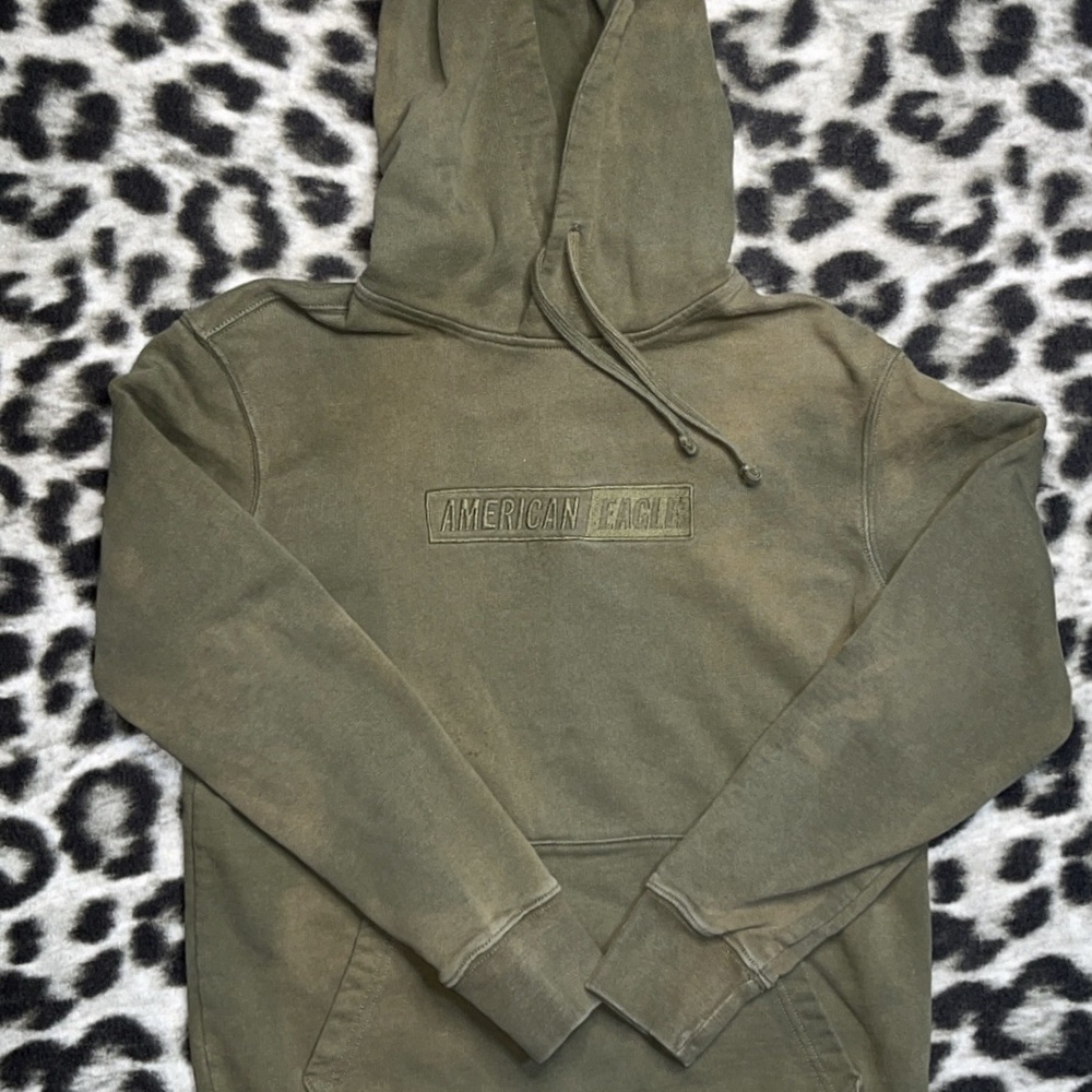 American Eagle Mens S Olive Green Acid Wash Box Logo Pullover Hoodie